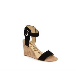 Sam Edelman Willow Leather Suede Black Open Toe Ankle Strap Wedge Shoes Size 8.5